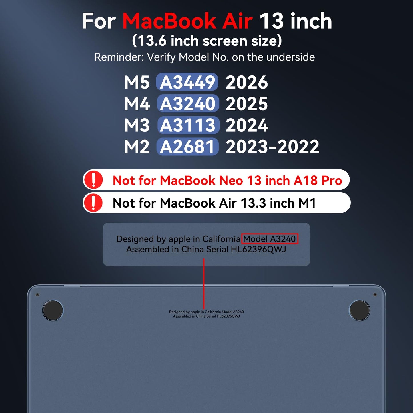 BlueSwan Anti-Cracking Case for MacBook Air 13 inch, M5 2026 M4 M3 M2 2025-2022 A3449 A3240 A3113 A2681, Drop Protection Soft TPU Bumper PC Base for Air 13.6 inch, Frosted Midnight