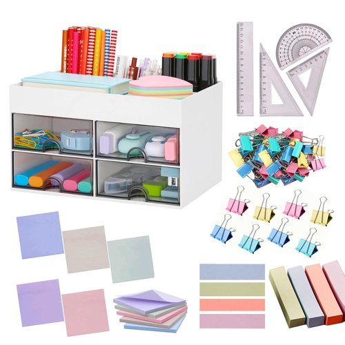 Catekro Desk Organizer with 4 Drawer, Multi-Functional Pen Pencil Holder for Desk, Office Supplies Organizer for Desk, Cute Desk Accessories with Plastic for Office, Home, School(White)