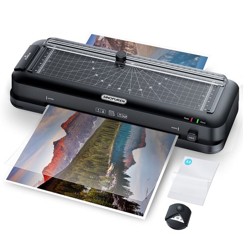 SINOPUREN 9-Inch Thermal Laminator Machine, 3-in-1 Laminator with Built-in Paper Trimmer, Hole Punch & Corner Rounder, 10 Laminating Pouches, Fast 3-Min Warm-Up, Jam-Free for Home, Office, School