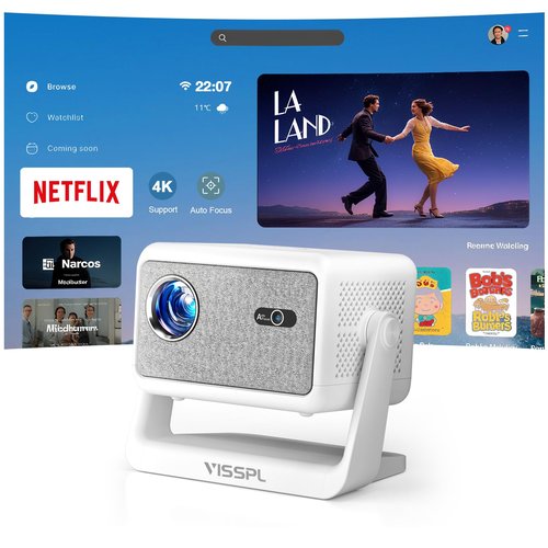 【Netflix Licensed & Auto focus Projector】VISSPL Smart Projector with WiFi and Bluetooth, Auto Focus & Keystone Protable Mini Projector with Stand, 4K Support Netflix Home Theater Projector White