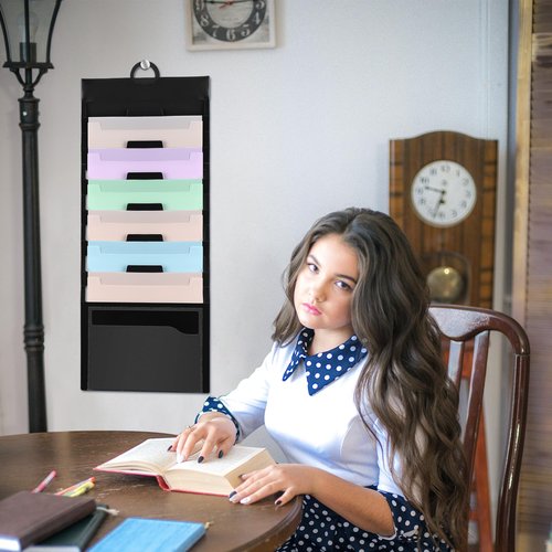 Teling 2 Pcs Wall File Organizer Hanging Folders Wall Storage and Classroom Organization 6 Removable Poly Hanging File Organizer for Classroom Home Office School(Pastel)
