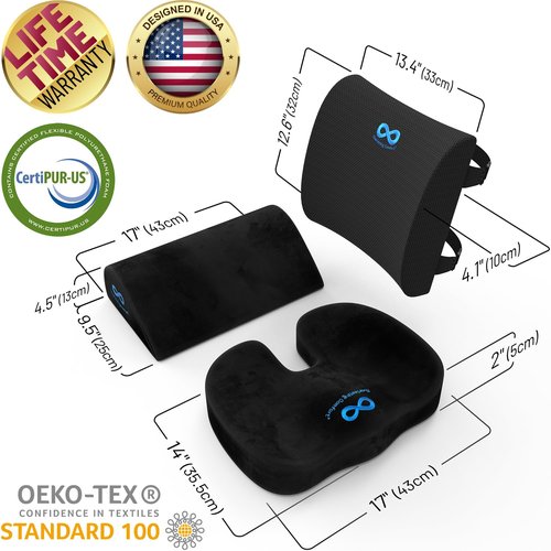 Everlasting Comfort Back Cushion with Seat & Foot Support Bundle - Memory Foam Office Chair Cushions for All-Day Comfort - Ideal for Work, Car, Desk