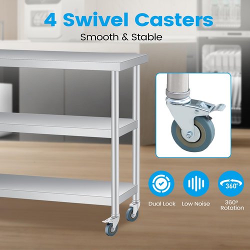 Stainless Steel Work Table with Wheels, 3-Shelf Commercial Food Prep Table 14x36x34 Inch, Rust-Resistant Metal Utility Table for Kitchen, Restaurant, Garage, Warehouse, Indoor, Outdoor