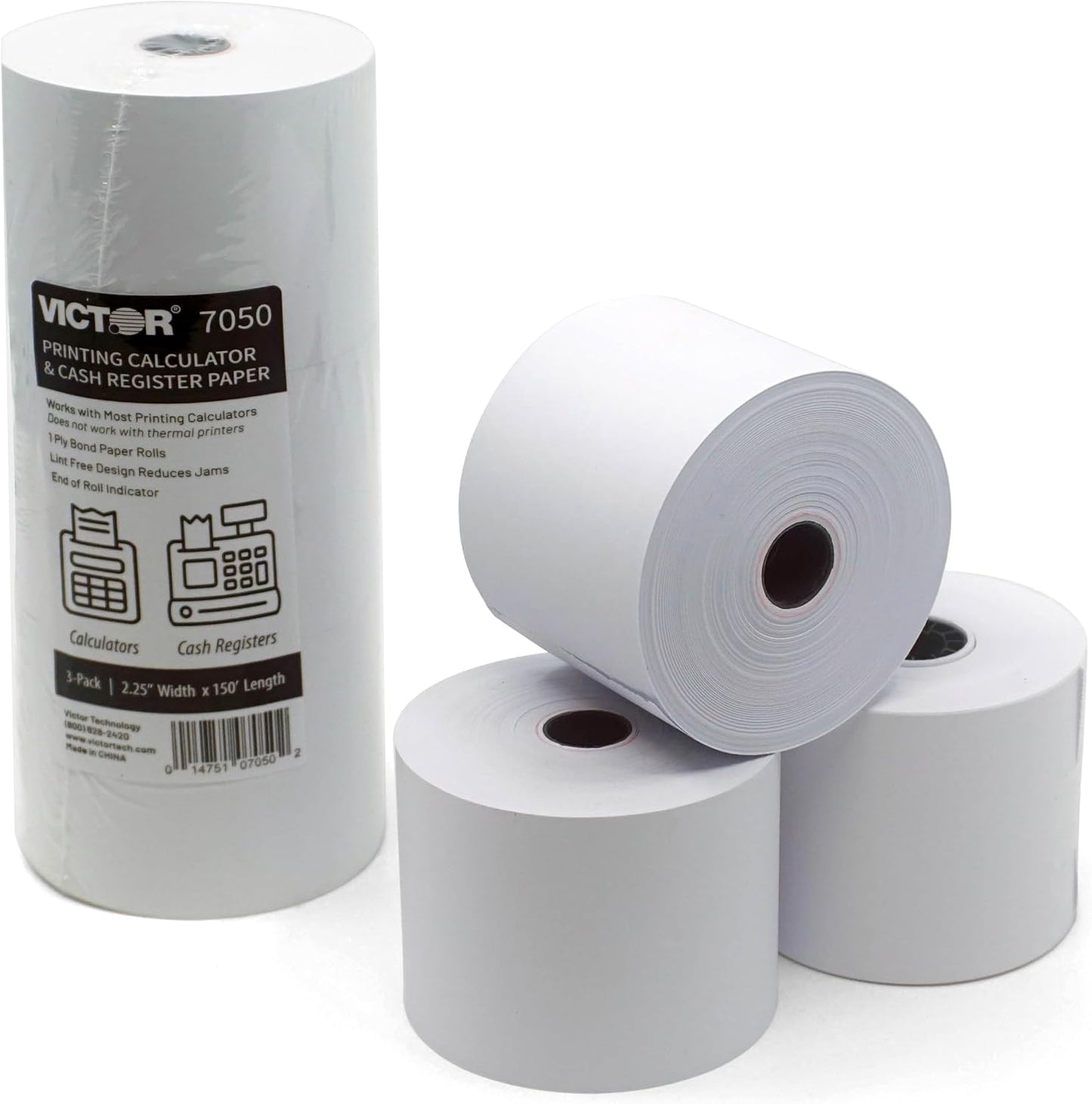 Victor Calculator Paper Rolls - 2.25" x 50 ft White Printing Paper for Adding Machines | 3 Pack