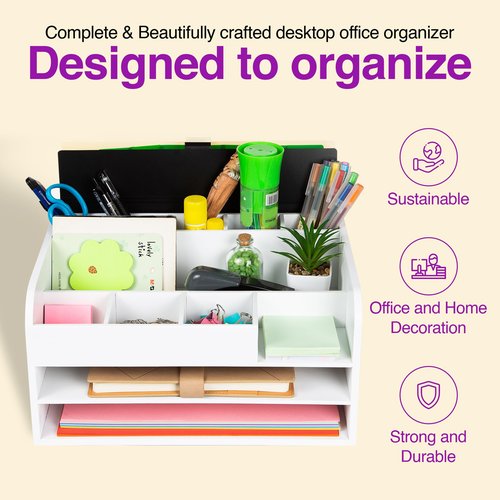 MissionMax White Bamboo Wood Desk Organizer, Max Storage with Two File Trays, Vertical File, Pens, Pads and Other Bins to Hold Your Work Necessities