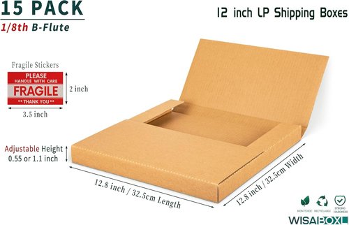 Kraft | Easy-Fold Vinyl Record Shipping Boxes - 12.8x12.8x1 Inch, 15 Pack with Fragile Stickers