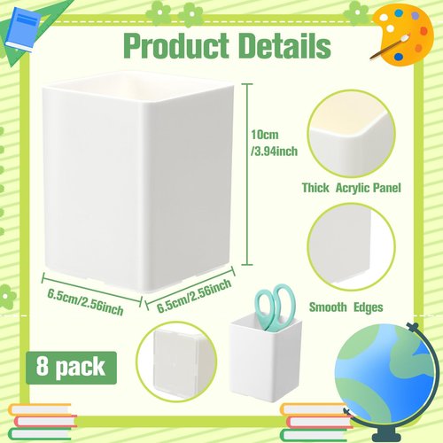 Jutom 8 Pcs White Acrylic Pen Holder for Desk, Pencil Cup Bulk Makeup Brush Storage Organizer, Desktop Pencil Cup Stationery Desktop Stationery Organizer for Office School Home Supplies