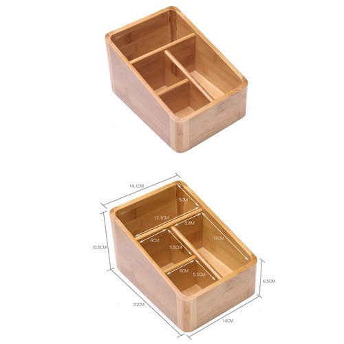 VolksRose Desk Remote Control Holder Multi-Function Coffee Table Office Supplies Storage Organizer, Home Sundries Bamboo Storage Box with 4 Compartments - Perfect for Makeup, TV Guide, iPad, Caddy #3