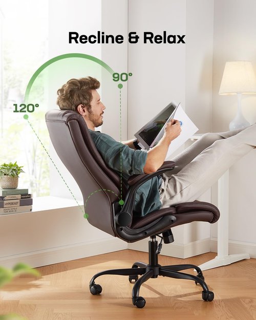 Marsail Executive Office Chair with Flip-up Armrests,PU Leather Ergonomic Desk Chair Height-Adjustable Swivel Rolling Computer Desk Chair