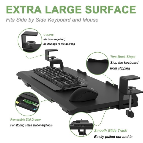 Keyboard Tray Under Desk Slide Out with Drawer, 27"x 11.8" Large Size, Pull Out Desktop Extender Holder with Sturdy C-Clamp Mount for Home Office, Black