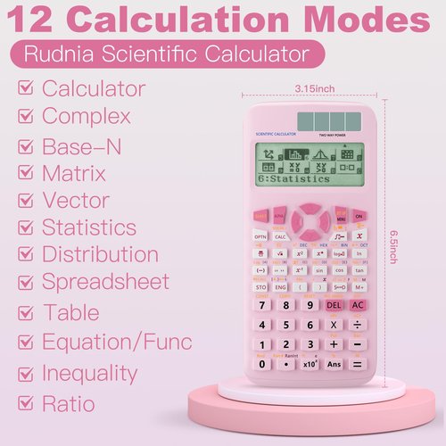 Scientific Calculators,Rudnia Pink Solar Calculators with 4-line Display,10+2 Digits and 552 Function Calculator,School Supplies for Middle High School and College Students (Pink)