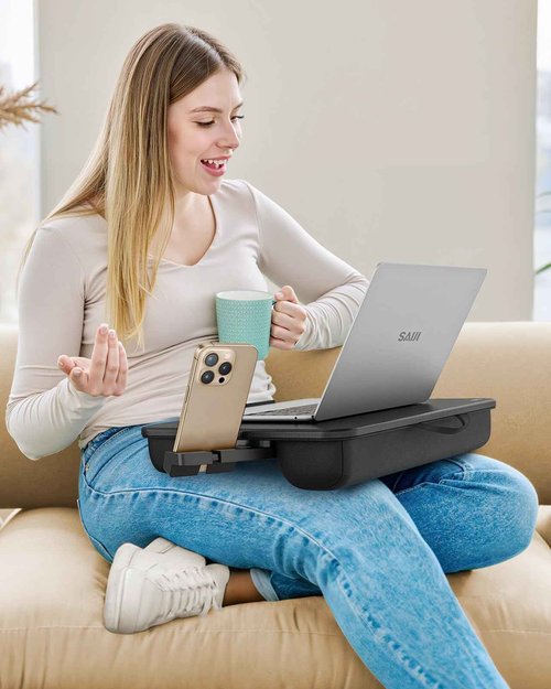 SAIJI Laptop Lap Desk, Portable Laptops Tray with Cushion, Drawer Storage, Phone Holder, Carry Handle, Phone Holder- Computer Laptop Stand for Bed Fits Up to 15.6 Inch Laptops