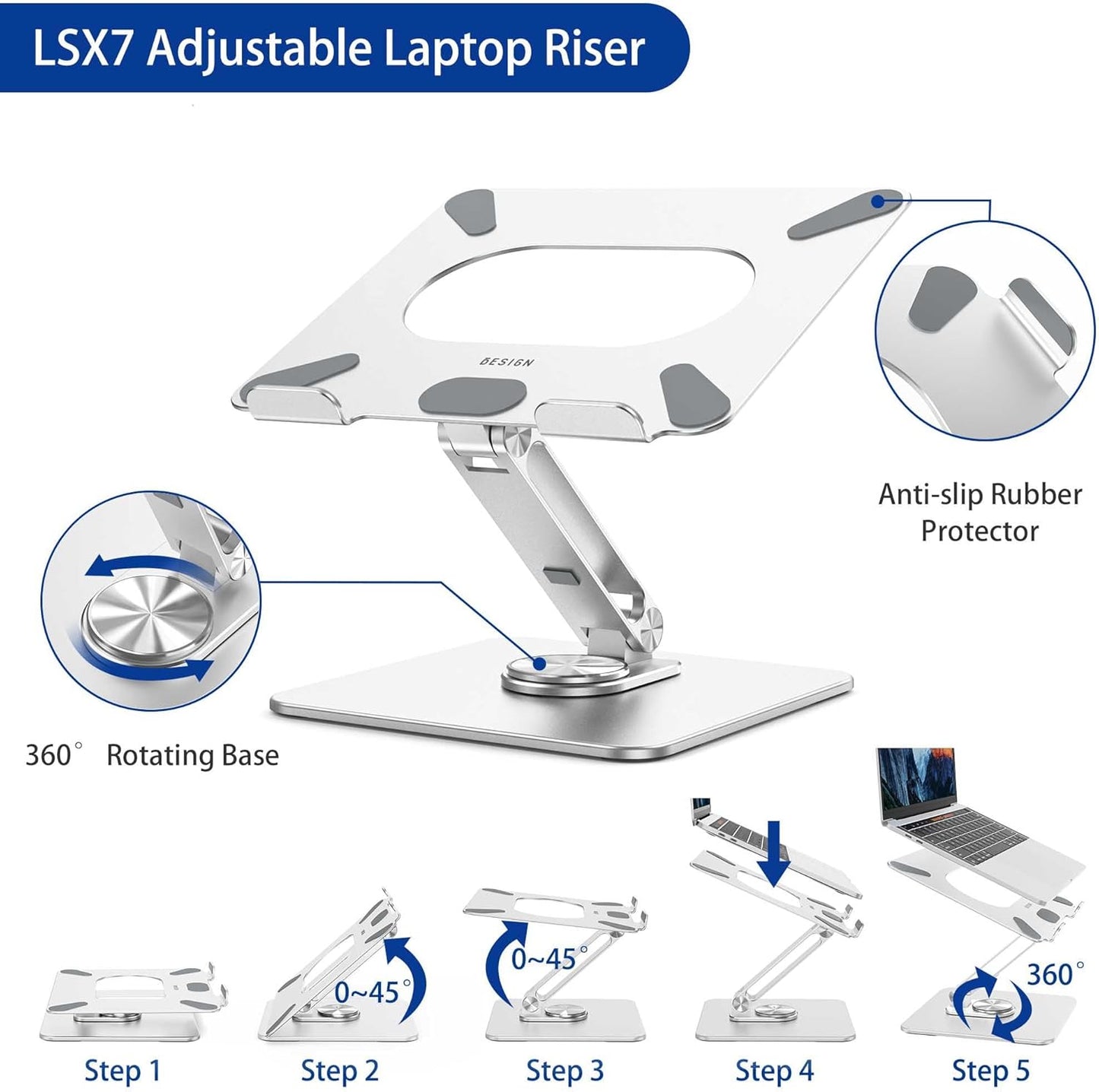 BESIGN LSX7 Laptop Stand - Ergonomic Adjustable Riser with 360° Rotating Base | Fits 10-15.6" Laptops (Silver)