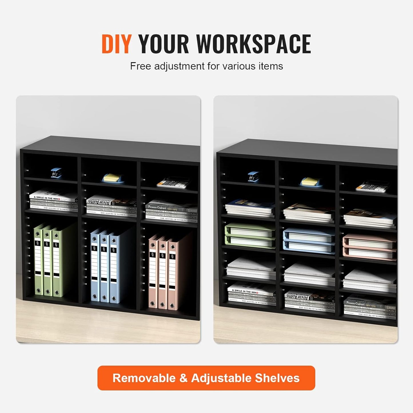 VEVOR Literature Organizer - 24 Compartments Mailbox with Adjustable Shelves | EPA Certified Black, 29x12x24.4 Inches