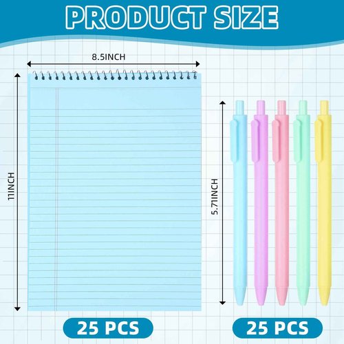 Marspark 50 Pcs Back to School Supplies 8.5 x 11 Spiral Legal Pads Top Bound Steno Notebook and Retractable Ballpoint Pen, Pastel College Ruled Notepad Pens Sets Tear Line for Removal Spiral Note Pad