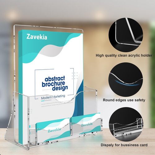 zavekia 2 Pack Acrylic Brochure Holder With business card holder, 8.5 x 11 inches Clear Acrylic Literature Holder Plastic Flyer Display Stand