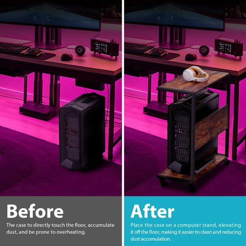 360Tronics Computer Tower Stand, 2-Tier Large ATX-Case Sotrage CPU Holder Cart Under Desk, C-Shape Tall Trolley for PC Tower, Wooden Mobile PC Standing Table with Wheels for Home/Office, Walnut