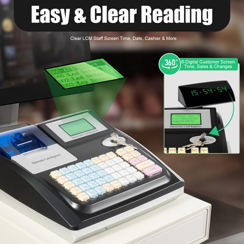 LNUJIUN Electronic Cash Register with 8-Digit LED Display and Thermal Print Head 48 Keys Commercial Cash Register for Shopping Malls, Small Business, Supermarket Retailer