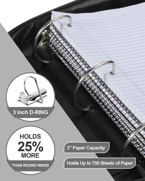 HINOOR 3-Inch 3-Ring Zipper Binder with Shoulder Strap, D-Ring Zip Up Binder with 700 Sheets Capacity, Compatible with 13" MacBook, 12.9" Tablet, for Middle School, College, Office (Black)
