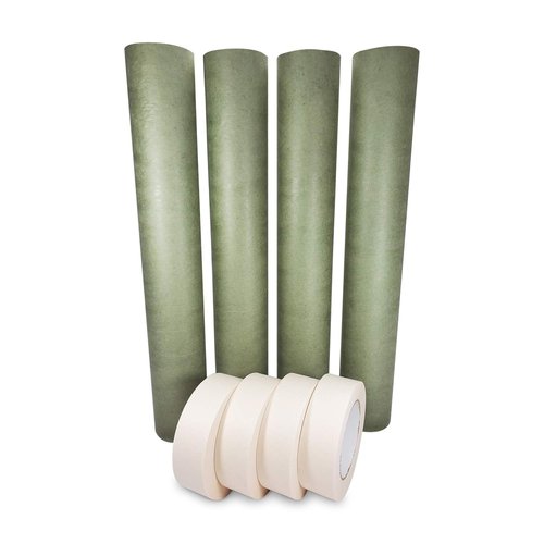 IDL Packaging Premium Masking Kit - 18" x 60 Yards Green Masking Paper (4 Rolls) and 1.41" x 60 Yards White Tape (4 Rolls) - Masking Set to Protect Surfaces - Great for Automotive Industry