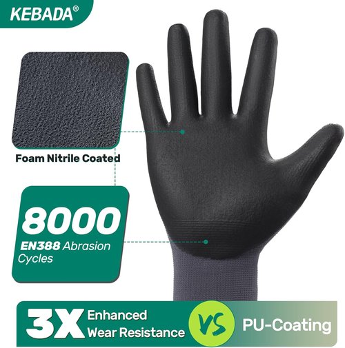 Kebada Nitrile Coated Work Gloves - 12 Pairs of Safety Gloves for Gardening & Light Duty | Large