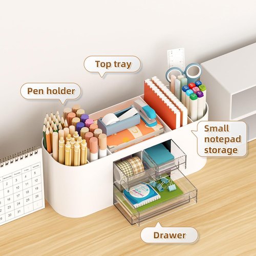 Marbrasse Desk Organizer - Multi-Functional Pen Holder with 3 Drawers & 7 Compartments | White