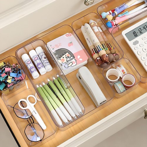 Kutesna 25 PCS Improved Large Drawer Organizer Set, Clear Plastic 4-Sizes Desk Organizer Trays, Drawer Dividers & Storage Bins for Office, Makeup Vanity, Kitchen, Bathroom, Jewelry, Gadgets