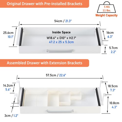 OSteed Under Desk Drawer White 21" with 4 Divider Trays, Under Shelf Pencil Drawer Pull-out, Standing Desk Metal Storage Attachment Slide Out for Workbench