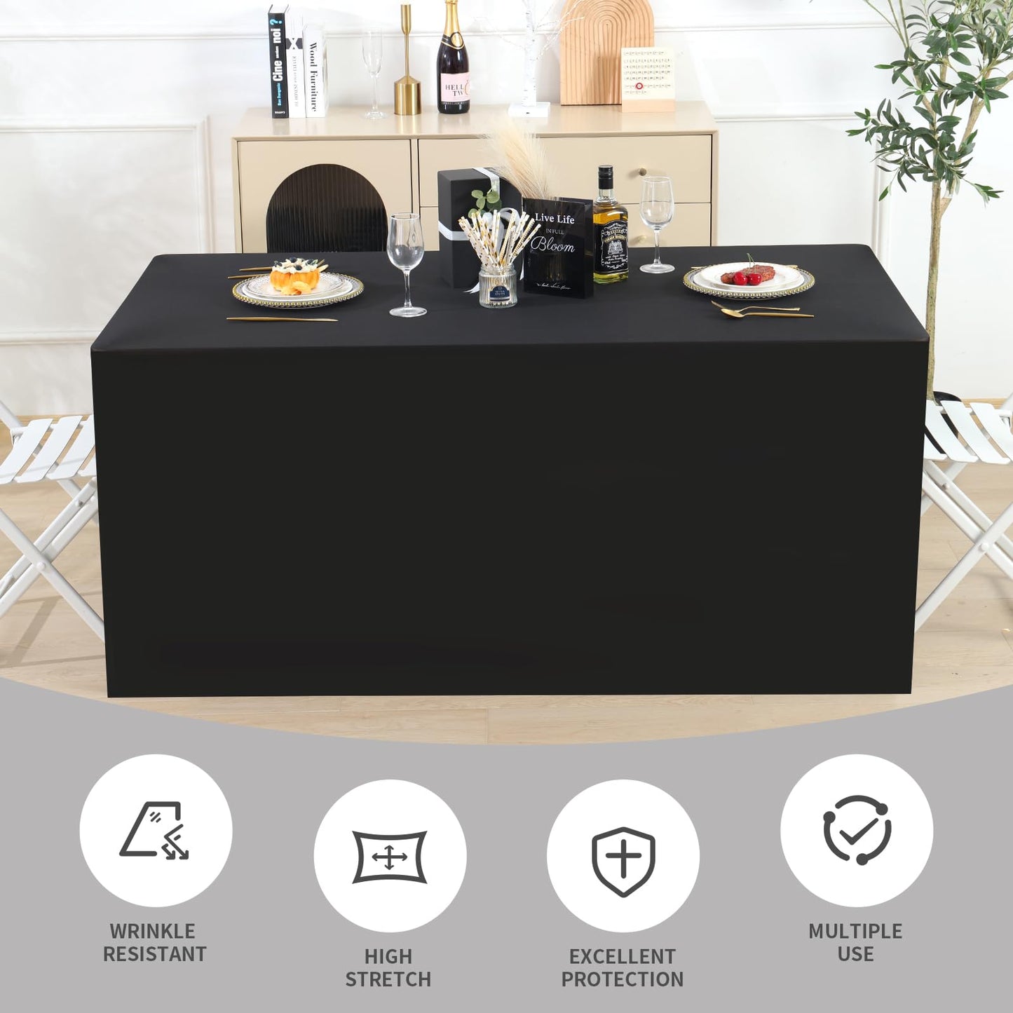 Fixwal Fitted Tablecloth Black Table Cloths for 4 Foot Rectangle Tables 2 Pack Table Cover for Folding Table Trade Show, Craft Show, Parties, Wedding, 48 x 24 Inch