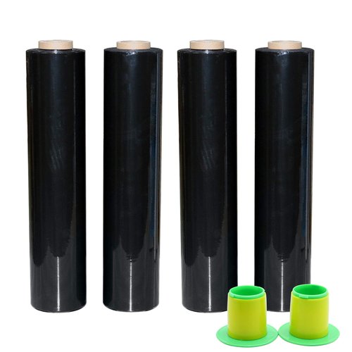 BOMEI PACK 4 Pack Industrial Black Stretch Wrap Film with Plastic Handle 18" 1200ft 72Gauge for Pallet Wrap, Durable Self-Adhering Packing, Moving, Packaging, Heavy Duty Shrink Film