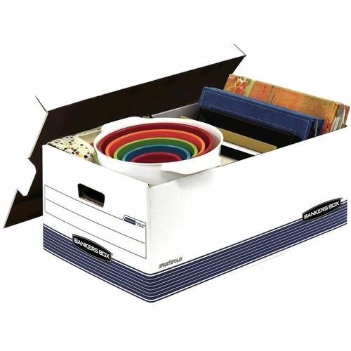 Bankers Box 12 Pack STOR/FILE Medium-Duty File Storage Boxes, FastFold, String and Button, Legal, White/Blue