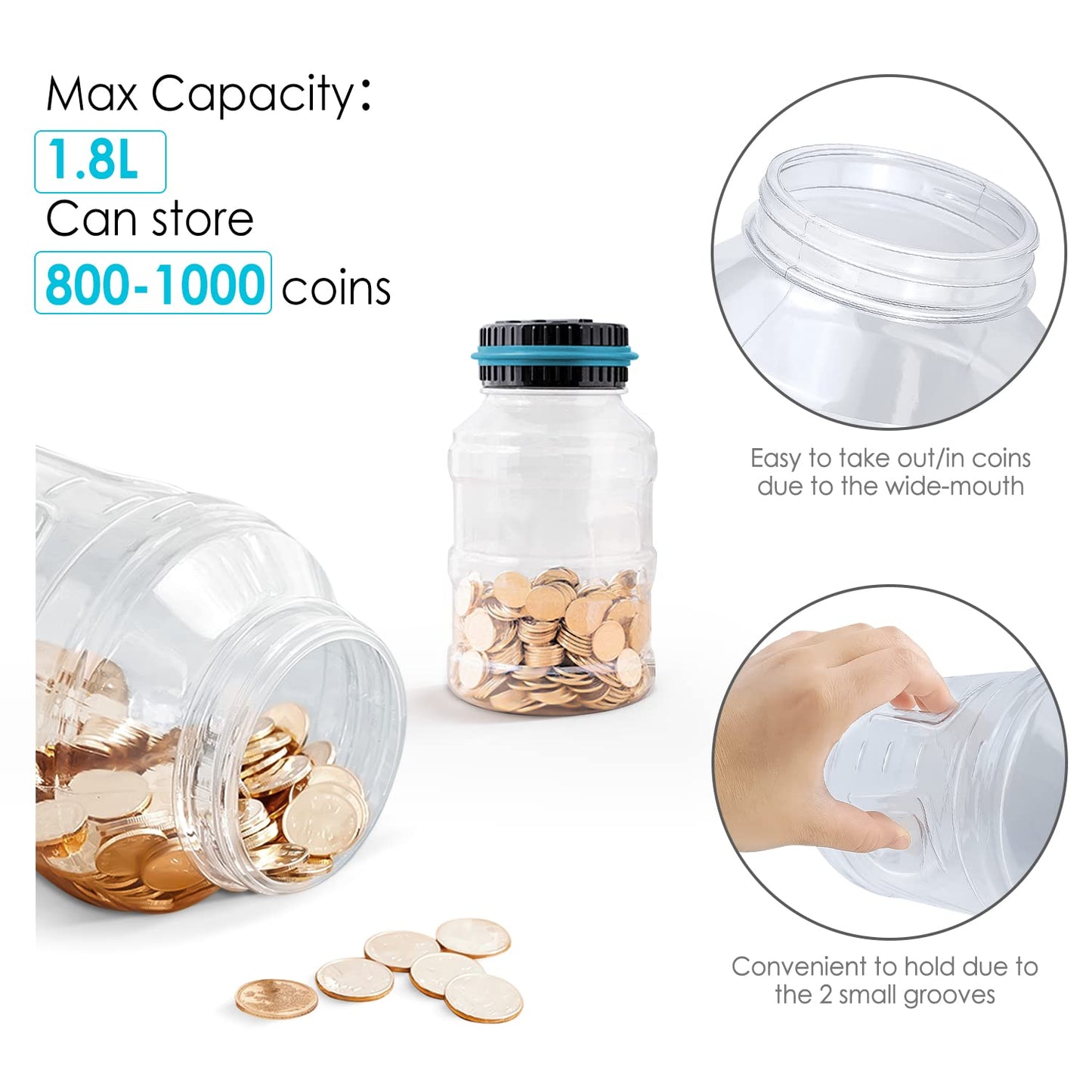 Large Piggy Bank for Boys Adults, Vcertcpl Digital Coin Counting Bank with LCD Counter, 1.8L Capacity Coin Bank Money Jar for Adults, Designed for All US Coins