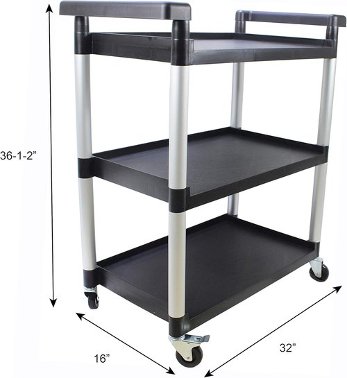 MaxWorks 80774 Utility Plastic Cart - 3 Shelves with Wheels, 225 Lbs Capacity, Black