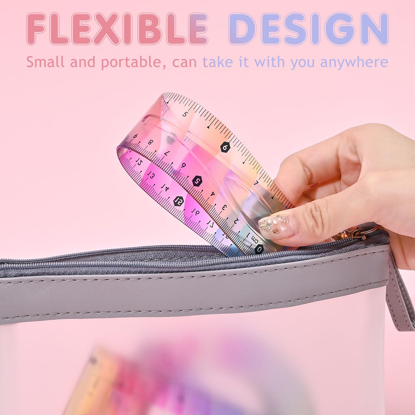 Valtiner 4 Pcs Flexible Rulers Set, Colorful Geometry Kit, Plastic Bendable Shatterproof Soft Rulers, Clear Ruler 20 cm/ 8 Inch, Triangle Rulers and Protractor for Back to School Supplies (8 Inch)