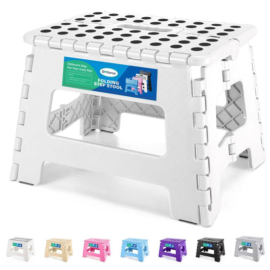 Dyforce 17.5 Inch Folding Step Stool 400lbs Capacity Sturdy Plastic Foldable Step Stools for Adults Stepping Stool with Handle Easy to Carry Handle Folding Stool Ideal for Kitchen (White 1PC)