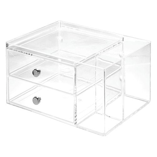 iDesign Plastic Vanity, Compact Storage Set Compartments for Cosmetics, Dental Supplies, Hair Care, Bathroom, Dorm, Desk, Countertop, Office, 6.5" x 6.5" x 6.5", 2 Drawer-Side Organizer