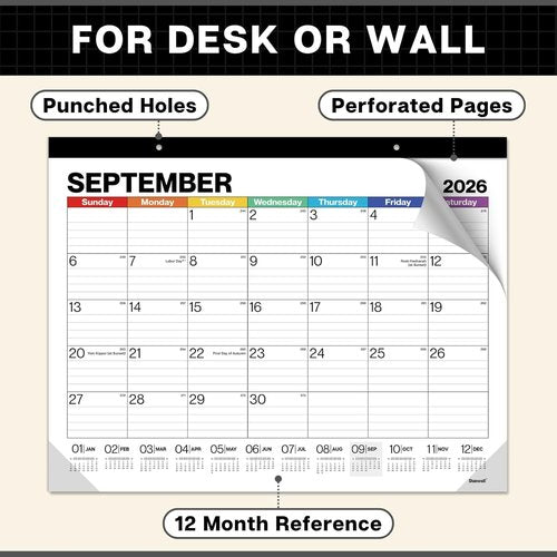 Dunwell 2026 Desk Calendar - Large Monthly Blotter & Wall Calendar | Colorful Design, Easy-to-Read Daily Blocks