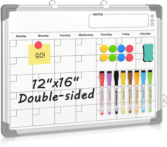 Skiennix Double-Sided Whiteboard Calendar - 16" x 12" Magnetic Dry Erase Planner for Home & Office
