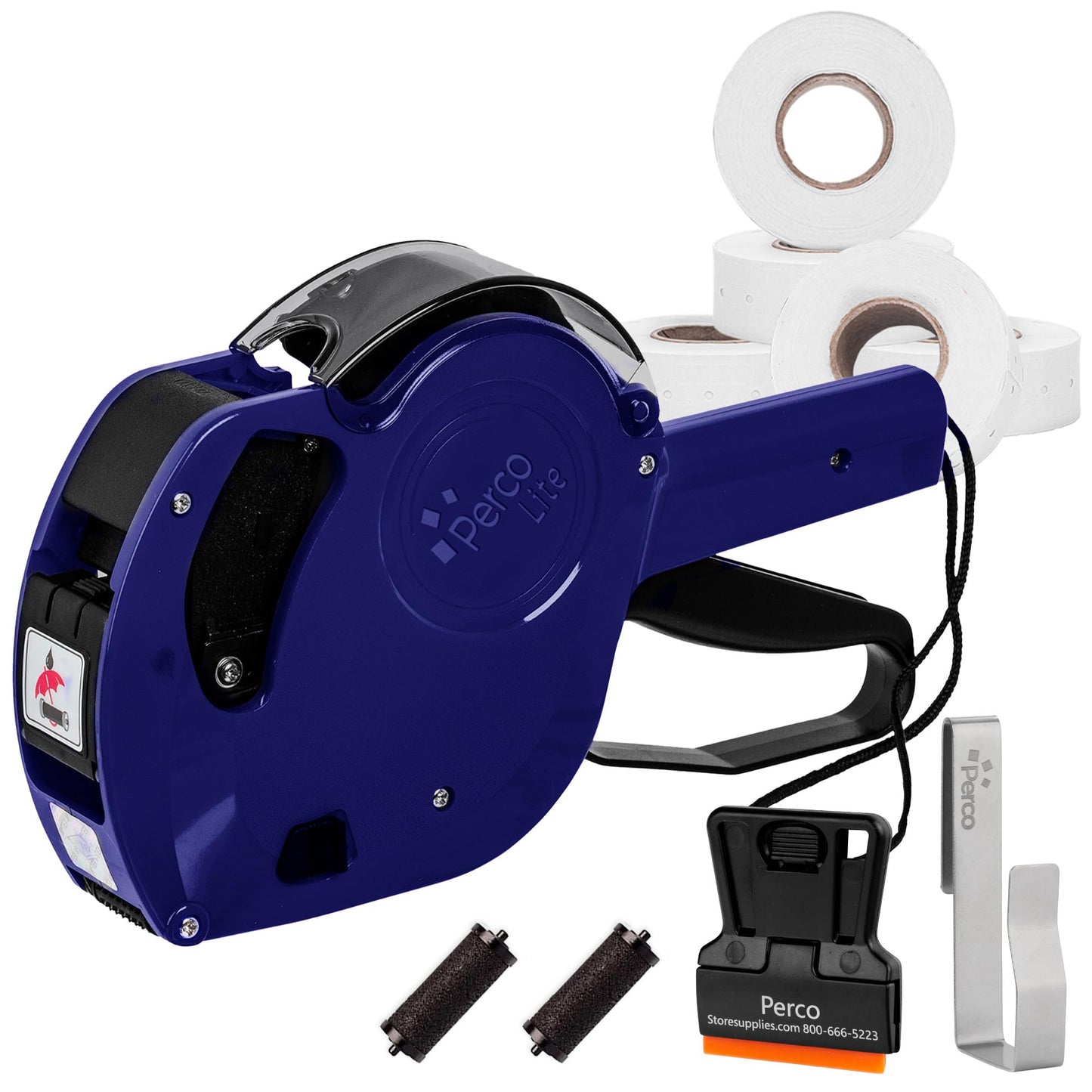 Perco Lite 1-Line Price Gun Kit for Retail – Includes 5 White Label Rolls, Gun Clip & Ink Rollers