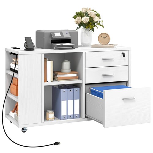 DWVO File Cabinet with Charging Station, 3 Drawer Mobile Office Furniture, Lateral Filing Cabinet with Lock, Printer Stand with Open Storage Shelf for Home Office, White