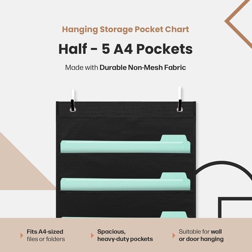 Hippo Creation Heavy Duty Storage Pocket Chart - 5 Pocket Organizer with Over-Door Hangers | Black