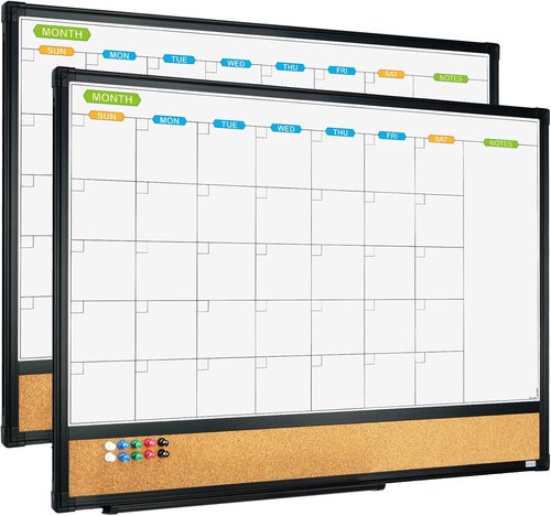 JILoffice Magnetic Calendar Whiteboard & Bulletin Corkboard Combo - 24x18 Inch, Black Aluminum Frame, 2 Pack