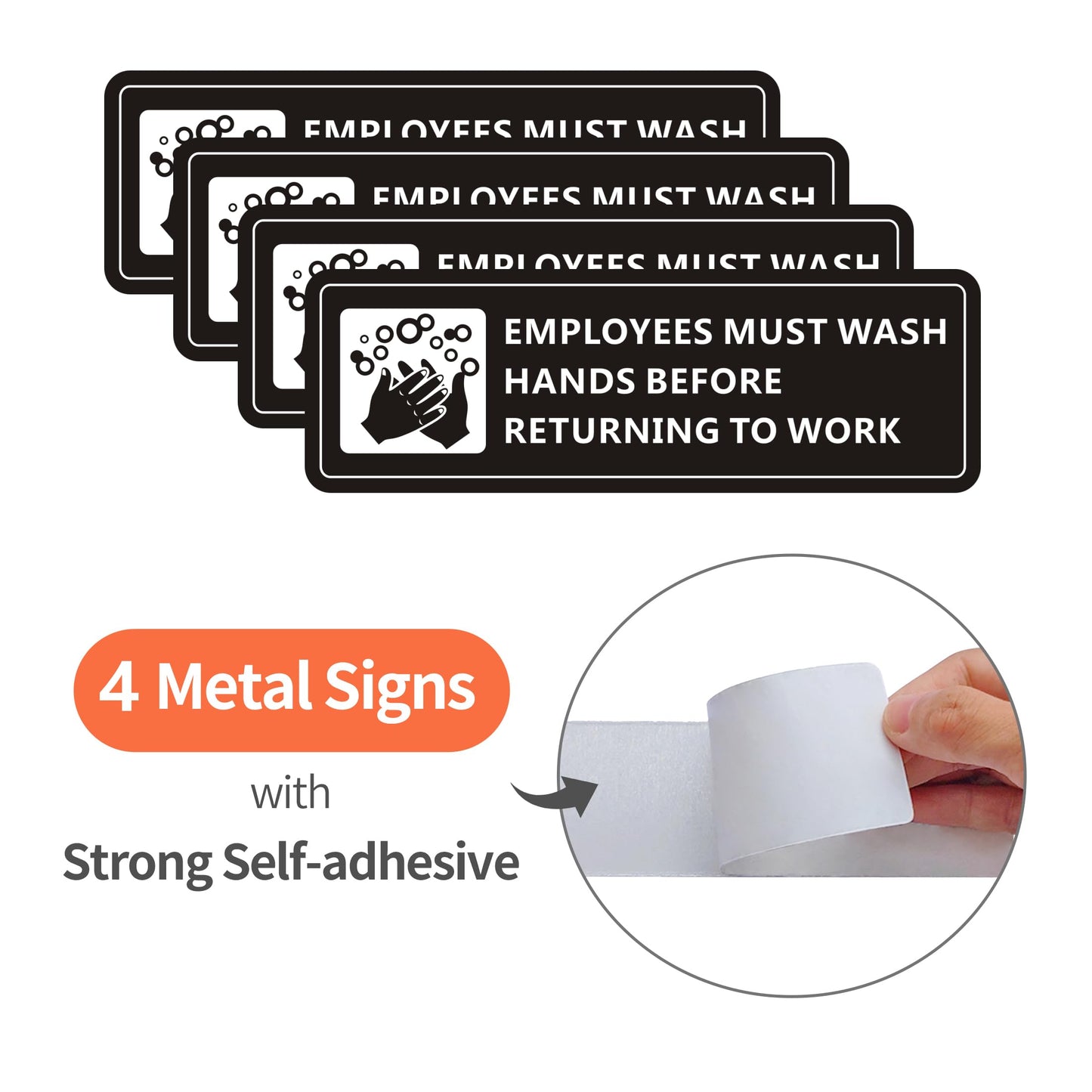 (4 Pack) Employees Must Wash Hands Sign, Self-Adhesive Metal Signage for Bathroom Office, Waterproof Aluminum Signs for Indoor Outdoor (9x3, Black)