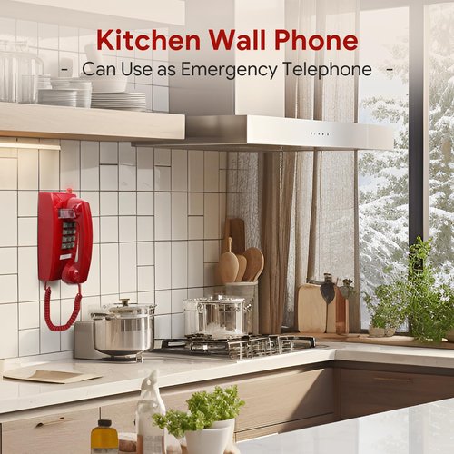 Sangyn Retro Wall Phones for Landline with Mechanical Ringer Corded Telephone Wall Mounted with Indicator Waterproof Old Style Landline Phones for Home Kitchen, Red