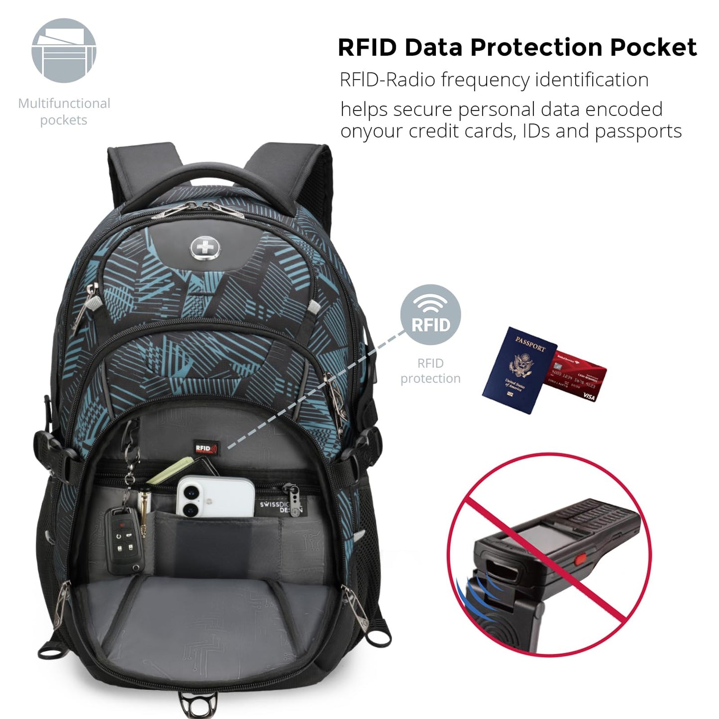Swissdigital Laptop Backpack with USB Charging Port, Travel Backpack Fits 15.6 inches Computer, 31L Backpack for Men, Dark Green | SD803-96
