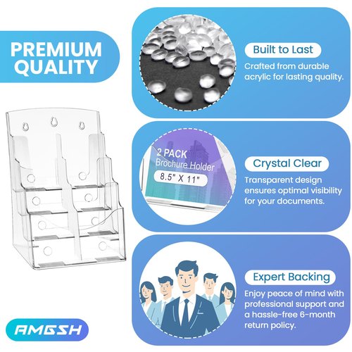 AMGSH 2 Pack 4 Tier Brochure Holder 8.5” x 11” Acrylic Literature Holder with Removable Divider for 4” x 9” Brochure, Clear Flyer Holder Pamphlet Display Stand