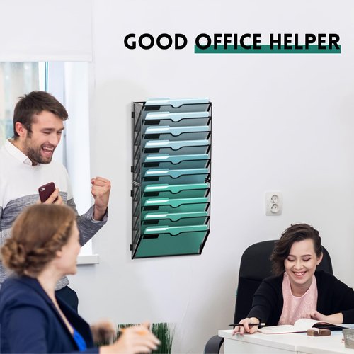 SUPEASY 10-Tier Wall File Organizer, Hanging Wall Files for Papers, Folders, Magazines, Wall Organizer for Clipboard, Assembly Needed, Black