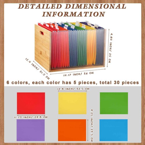 Chiisong Clear Acrylic File Box Hanging File Organizer with 30 Pcs Hanging File Folders Bamboo Hanging Folder Storage Filing Crate Bin Holder with Handle for Home Office Desk Letter Size