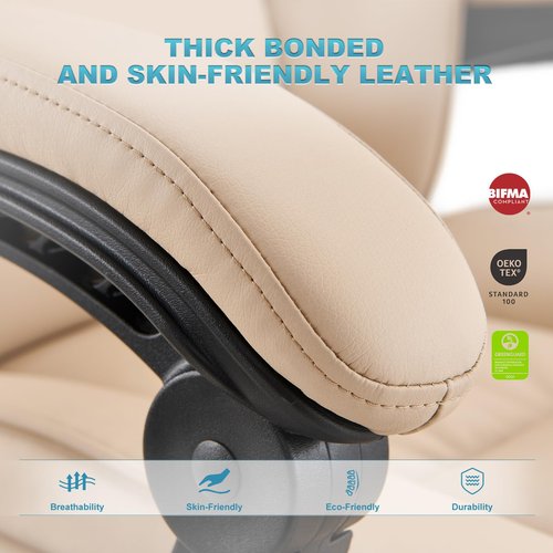 COLAMY Office Chair with Footrest, Ergonomic High Back Design Executive Computer Desk Chair with Removable Lumbar Pillow, 90-135°Reclining, Thick Bonded Leather for Home Office Work Comfort, Khaki