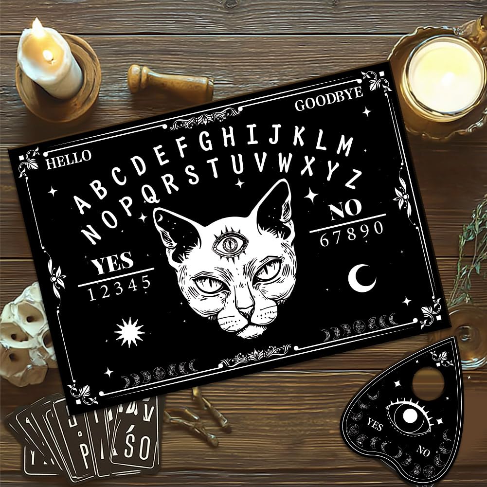 WEBEEDY Cat Spirit Board with Planchette, Third Eye Cat Wood Divination Board Sun and Moon Pendulum Boards Metaphysical Message Talking Boards Decision Maker Pendulum Gift for Christmas Halloween